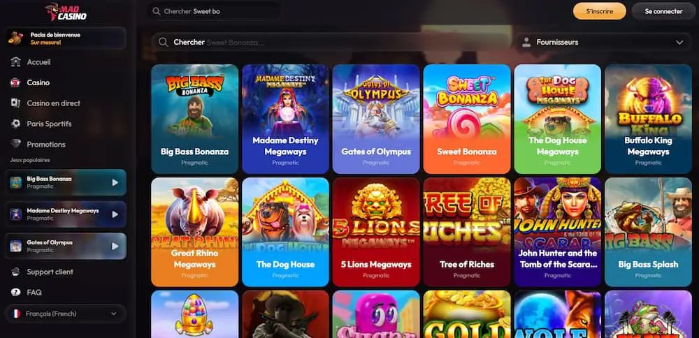 Aperçu de l'interface Mad Casino avec les jeux populaires
